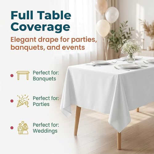 Image of Plastic Table Cloth, 5 Packs Disposable Tablecloth 54 X 108 Inch White Plastic Tablecloth for Rectangle Tables Tougher PEVA Table Cover for Party Decorations Picnic Graduation Camping Birthday