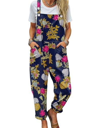 Image of YESNO Women's Overalls Cotton Boho Casual Floral Bib Jumpsuit Baggy Adjustable Strap Romper with Pockets PVV