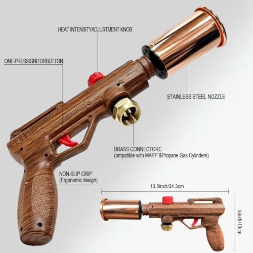 Image of Powerful Propane Torch Gun, Adjustable Flame Kitchen Blow Torch for Cooking, Searing Steak, BBQ, Campfire, Charcoal Lighter (Tank Not Included) - Wood
