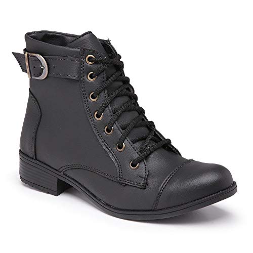 Bota Militar Feminina Cano Médio Confortável Estilo Coturno Cor:Preto;Tamanho:37