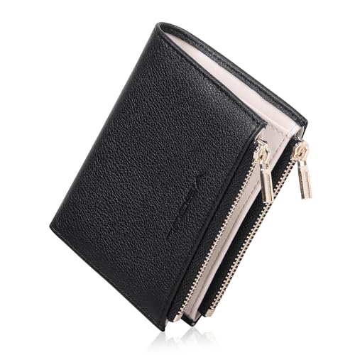VISOUL Small Wallet for Women Genuine Leather, Compact Bifold Card Holder Wallet RFID Blocking with Zipper Coin Pocket (Black and Ivory)