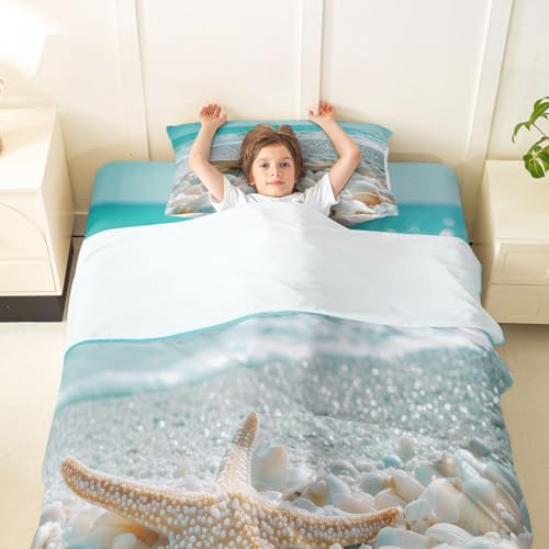 Image of jejeloiu Summer Beach Bed Sheets Set Twin Size Sea Bed Set for Kids Boys Girls Ocean Deep Pocket Fitted Sheet Starfish Breathable Soft Lightweight Microfiber