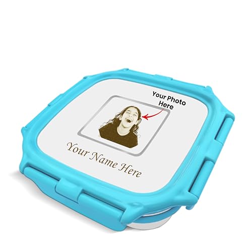Image of SAVRI Personalized Stainless Steel Lunch Box for Kids - Customized Laser Photo & Name Printed | Square Food Storage Tiffin Box Lunch Box for Baby, Toddler & Children. (Blue)