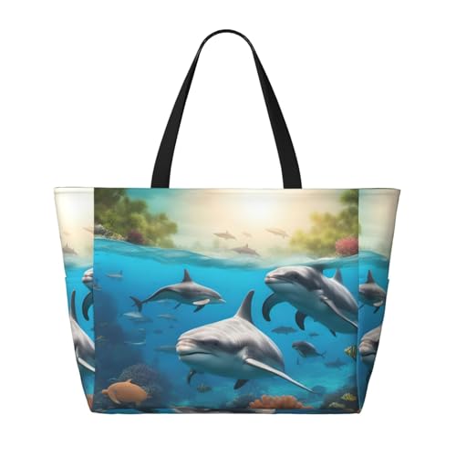Dolphins Sea Turtle Shark Octopus Coral Print Waterproof Beach Bag For Womentote Bag Zipper And Pockets For Travel Vacation2