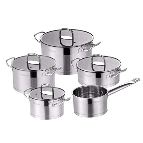 ifgswopq Juego de utensilios de cocina de 9 piezas de acero inoxidable y cacerolas, apto para inducción, cacerola, cazuela, con tapa de cristal