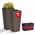 IDZO All Weather Wicker Planters for Outdoor Plants Set of 2, 24 inch Tall Planter for Front Porch, Patio, Balcony, Indoor Usage - Square Rattan Flower Pots, Mocha