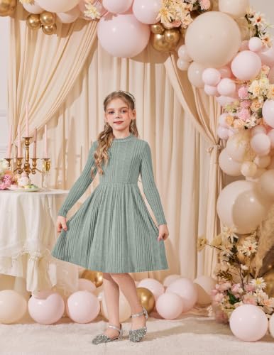 Image of Arshiner Girls Dresses Long Sleeve A Line Knit Sweater Dress with Pockets