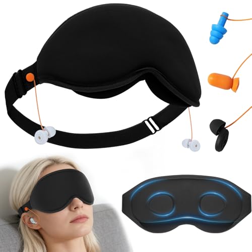 3D Contoured Sleep Mask with Earplug Keeper,Earbuds Anti-Loss,100% Pressure-Free & Total Light Blocking Eye Mask with Adjustable Strap. Ideal for Sleep Earplug User, Airplane Travel, Meditation Black