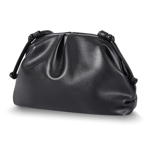 Huralona Bolsa clutch elegante de couro vegano plissada, super macia, bolsa de mão para mulheres, bolsa de mão de poliuretano para noite, Preto, Medium
