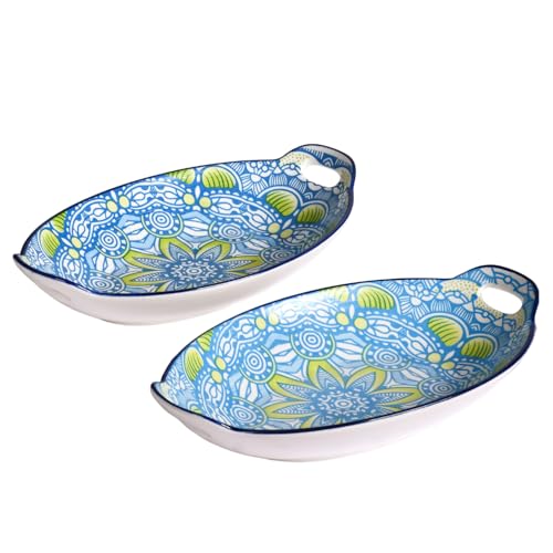 Image of Nestasia Set of 2 Blue and Green Mandala Art Ceramic Long Dish with Handles for Serving Snacks, Appetizers, Salads, and Noodles | Microwave Safe, Dishwasher Safe (10.8 Inch)