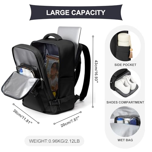 Image of coowoz Travel Backpack For Women Men Airline Approved,Black Carry On Backpack,Large Hiking Laptop College Backpacks Waterproof Outdoor Sports Rucksack Casual Daypack Fit 15.6 Inch Backpacks