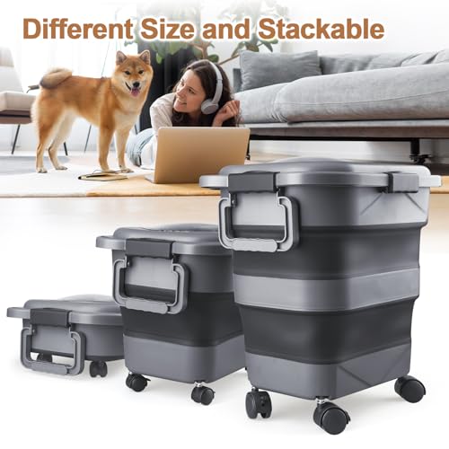 Dog Food Storage Container, 10-20 lbs Airtight Collapsible Cat Food Storage Container with Attachable Wheels, Portable Handle, Dog Food Scoop for Dog Cat Bird Pet Dry Food Storage Bin Dark Grey - Image 6