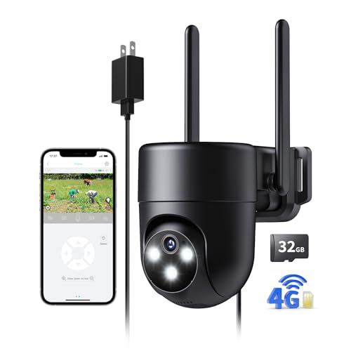 NUASI Cámara 4G LTE con SIM externa, 2K IP, cámara de vigilancia con detección humana y visión nocturna a color, PTZ 360°, cámara audio bidireccional con tarjeta de 32 GB