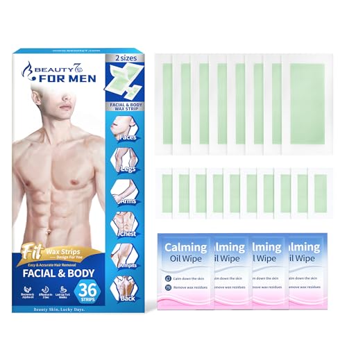Bandas de Cera Depilatoria Facial Corporal Hombres Listas para Usar, 36 Tiras de Cera Fría con 4 Toallitas de Aceite Calmante Post-Depilación, para Facial, Cuerpo Piernas Axilas