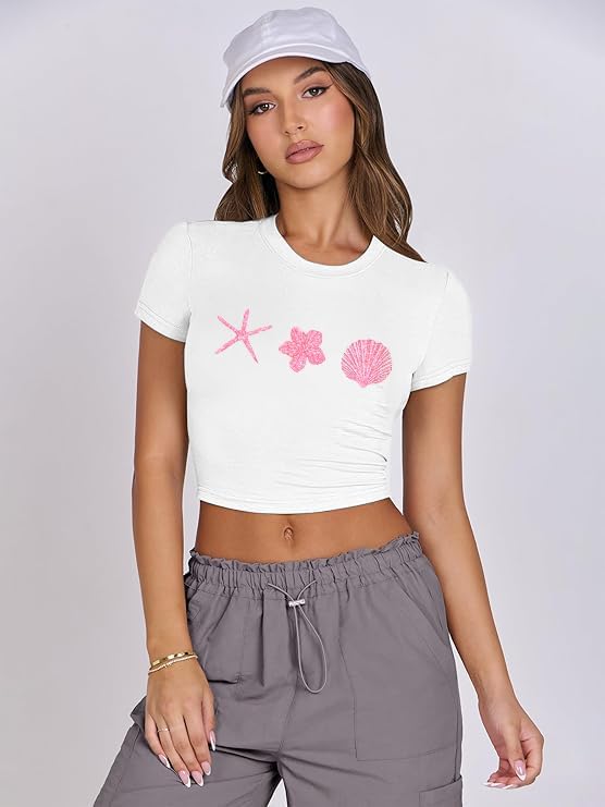 Women Y2K Baby T Shirt Hawaiian Flower Graphic Crop Tops Glitter Floral Shirts Vintage Aesthetic Summer Tops - Image 2