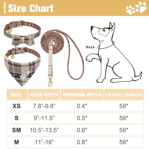 EXPAWLORER Klassisches Kariertes Hundehalsband mit Fliege und Pfotenabdruck, mit niedlicher Glocke, kein Verheddern, verstellbare Leine, Braun, Größe XS