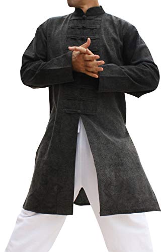 Image of Chinese Collar Mens Long Naval Jacket Many Button Tai Chi Cotton