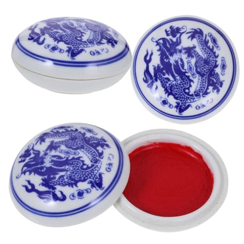 Gogogmee 3 piezas Almohadilla de Tinta Roja Brillante para Sellos Caligráficos Caja Cerámica Decorativa con Diseño de Dragón de Tinta para Pintura Superficie Lisa Fácil de Limpiar Compacto