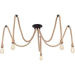 Lámparas Araña Modernas Baratas MAXDUYU Lámparas Colgantes vintage,Lámparas Colgantes de cuerda de cáñamo de 5 cabezales,Lámpara de Techo de estilo rural Retro Industrial E27 para comedor,restaurante,bar,cafetería
