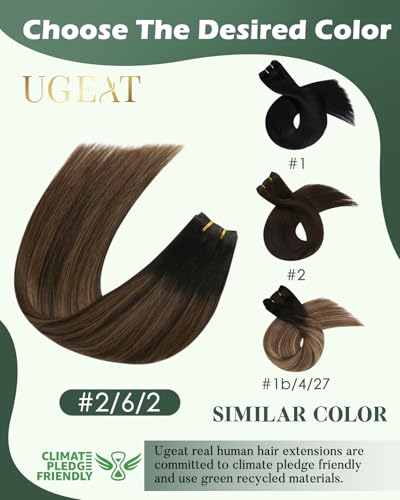 Image of Ugeat 24 Inch Weft Hair Extensions Human Hair, Sew in Weft Hair Extensions Human Hair 100g, Sew in Extensions Dark Brown Balayage Medium Brown, Easy Wash