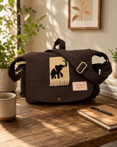 Image of Rough Canvas Cotton Messenger Sling Bag, (32x23x10cm, 7.5L) Medium Size. Patching with Elephant Design