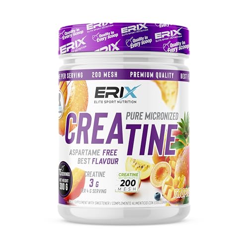 ERIX Nutrición Creatina Monohidrato 200 Mesh Sabor Tropical 300g (75 Dosis) - Polvo Micronizado para Pre-Entrenamiento, Sin Aspartamo, Mejora el Rendimiento y la Fuerza Muscular