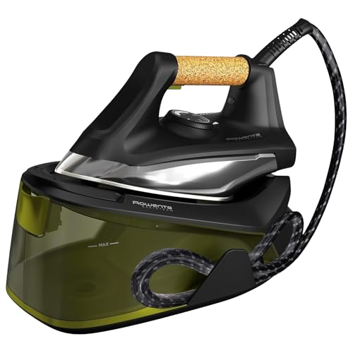 Rowenta Easy Steam - Centro de planchado, Alta presión 6 bares, Golpe de vapor 270 g/min, Vapor continuo 110 g/min, Suela Airglide con depósito de 1.4 L, Modo Eco, Negro/Verde, VR7360
