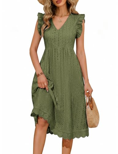 PASUDA Robe Longue Femme Été Chic et Elegant Coton Robes Col en V Taille Haute Boheme Robe sans Manches à Volants A-Line Robe de Plage Décontracté avec...