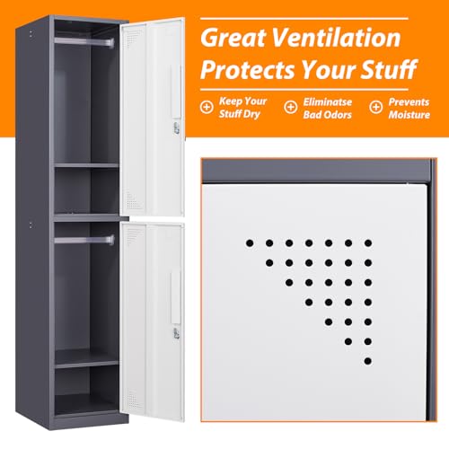 Image of Metal Locker for Home, Dressing Room, 71 inch Steel Storage Lockers for Employees, Lockable Locker Cabinet with 2 Doors (Grey White)