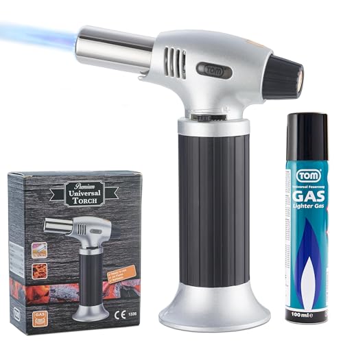 TOM Creme Brulee Brenner - MIT Gas befüllt – inkl. 1 x 100 ml Gas Kartusche zum Nachfüllen...