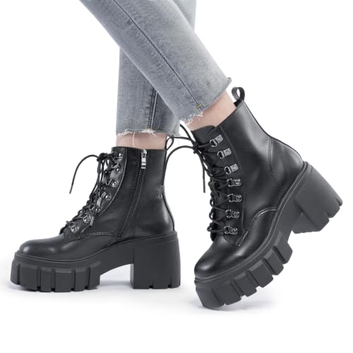 Image of FITORY Womens Combat Boots Ankle Booties Lace up High Heel Chunky Platform