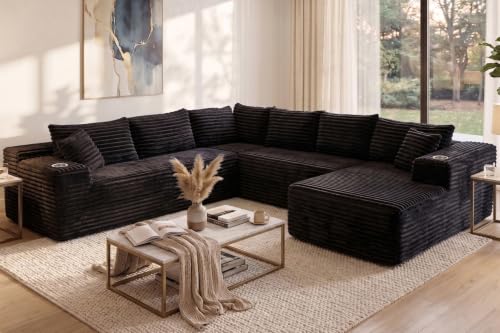 Image of 122 inch Oversized Cloud Sectional Couch for Living Room, 7 Seater U Shaped Sofa Modular Boneless Couch with Chaise | Deep Seater | Cup Holder | Side Pocket | No Assembly | Plus Corduroy, Black