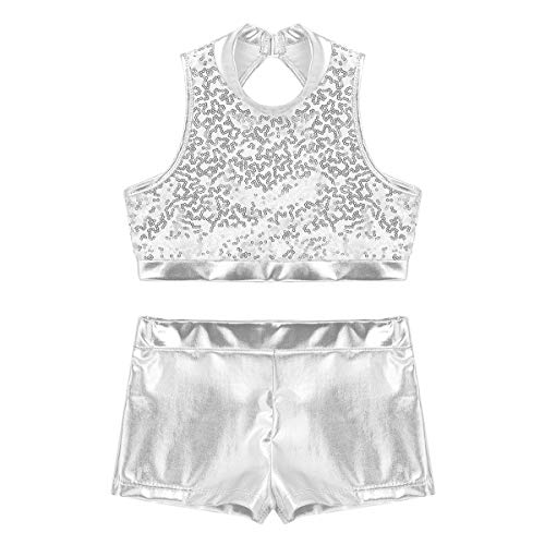 Image of easyforever Kids Girls 2PCS Shiny Mermaid Scales Ballet Dance Outfit Crop Top with Short Tankini Swimsuit