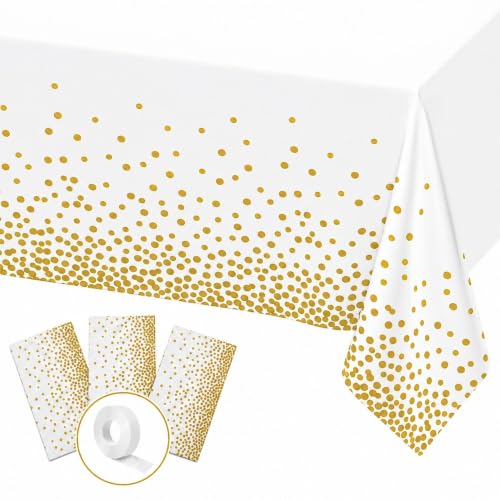 Image of Blue Orchards White and Gold Dots Table Cover (Pack of 3 with 20 glue dots) - 54 inchx108 inch XL - Disposable Bridal Shower Tablecloth, Wedding, Graduation Decoration, Picnic & Golden Birthday Party Supplies