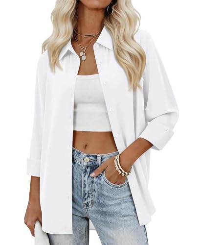 siliteelon Womens Oversized Button Down Shirts Dress Shirts Long Sleeve Chiffon Blouses Collared Work Office Business Tops - White M