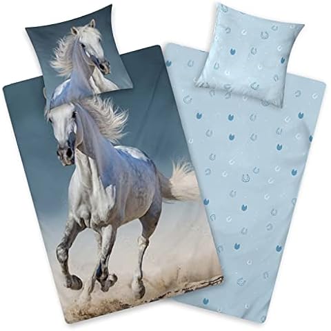 Aminata Kids Pferde-Bettwäsche Biber 135x200 Kinder Baumwolle Pferde-Motiv, Reißverschluss warm & kuschelig Cover