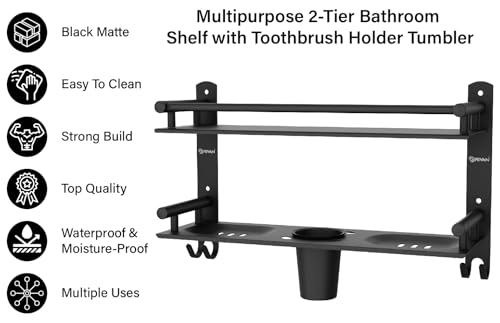GRIVAN 5 in 1 Heavy-Duty Stainless Steel Bathroom Shelf Racks with Dual Soap Holder,Toothbrush Holder and Tumbler for Bathroom Accessories and Fittings (Black Matte) (Image - 4)