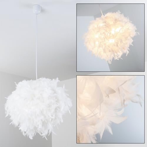 en métal/plastique avec plumes en blanc, Ø 45 cm, hauteur 130 cm (peut être raccourcie), E27, lampe à suspendre pour chambres -sSéjour - salle à manger,...
