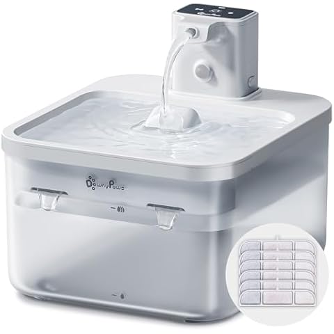 DownyPaws White Battery Operated Water Fountain Cats Wireless Fountain with 6 pcs Replacement Filters for 3 Months Cover