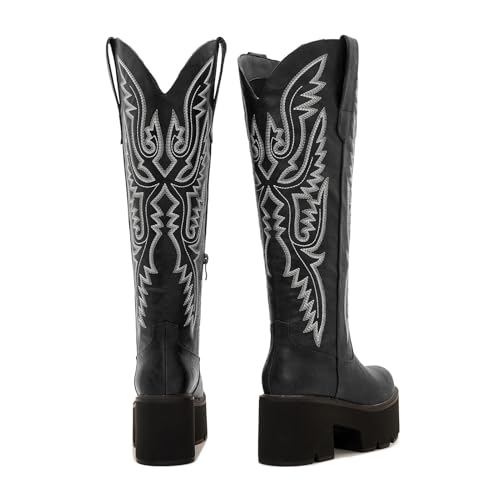 Image of Uillnoodu Women's Red Platform Cowgirl Boots with Zipper - Western Knee-High Chunky Sole Cowboy Boots