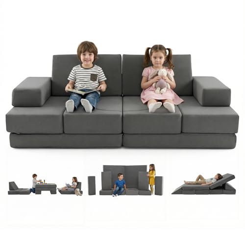 COSTWAY 12 teiliges modulares Kindersofa, Spielsofa ausklappbar mit abnehmbarem Bezug, Bausteine-Sofa aus Schaumstoff, Kuschelecke Kinderzimmer, Kinderspielcouch für Kinder ab 3 Jahren