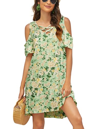 Image of Bluetime Women Cold Shoulder Summer Dress Short Sleeve Beach Casual Loose Swing Dress