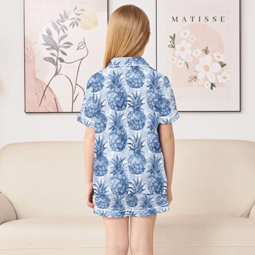 ALAZA Blue Watercolor Pineapple Satin Pajamas Set Short Sleeve Button Down Sleepwear Summer Pjs 2 Piece4