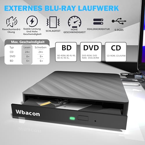 Wbacon 5 In 1 Externes Blu Ray Laufwerk USB 3.0 Type-C Bluray Player Externer Bluray Brenner DVD Burner with SD/TF Card Slot Compatible with Windows Xp/7/8/10 MacOS – Bild 3