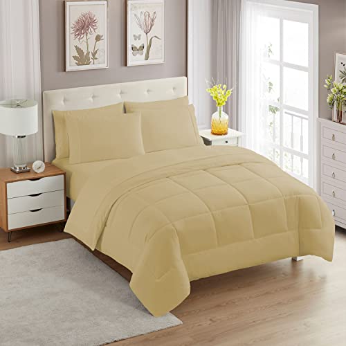 Sweet Home Collection 7 Piece Comforter Set Bag Solid Color All Season Soft Down Alternative Blanket & Luxurious Microfiber Bed Sheets, Camel, King