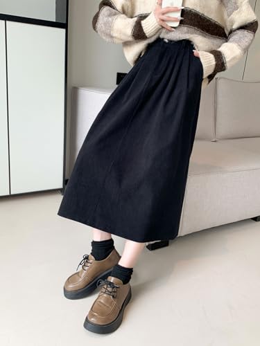 chouyatou Women's Vintage Corduroy A Line Skirt High Elastic Waist Pleated Swing Midi Long Skirt with Pockets4
