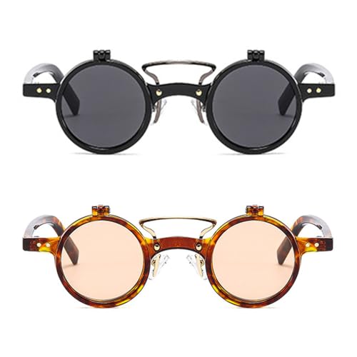 Image of HYLLE Retro Flip-Up Round Goggles Seampunk Sunglasses for Men Women 90s Style