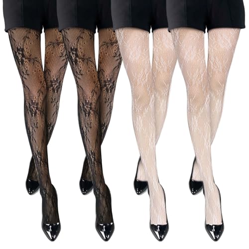 EUPSIIU 4 Piezas Mujer Medias, Medias Clásico, Medias fantasía, Mujeres Lolita Medias, Cordón Hollow Medias, Floral Encaje Pantimedias, Moda Kawaii Medias (Negro, Blanco, Talla única)