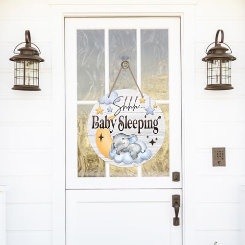 Image of Shhh Baby Sleeping Front Door Sign, Elephant Moon Cloud Stars Wood Door Hanger Nursery Kids Bedroom Decor, Infant Toddler Baby Boy Girl Room Rustic Wooden Wreath Indoor Wall Hanging Decoration