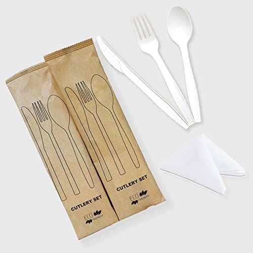 SNH Packing 50 Pieces White Disposable Fork Spoon and Knife with Napkin Cutlery Set